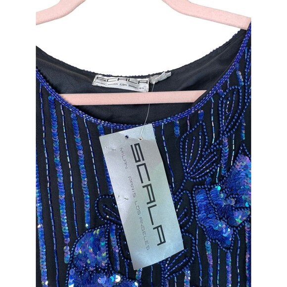 Vintage‎ Scala Sequin Beaded Blouse Blue Y2K Millennial Size Small Floral Leaf - Picture 6 of 10